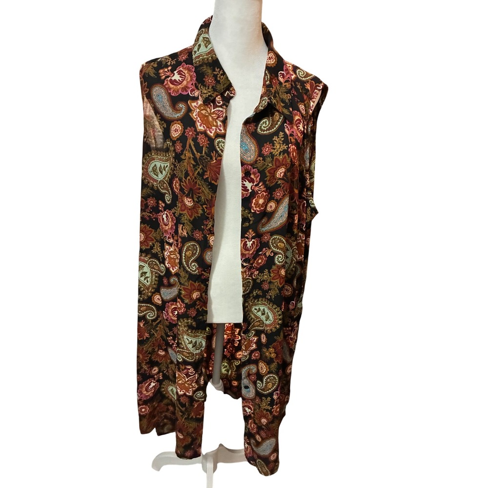 Spense Womens Sleeveless Duster Vest Black Paisley Floral Long Cardigan XL